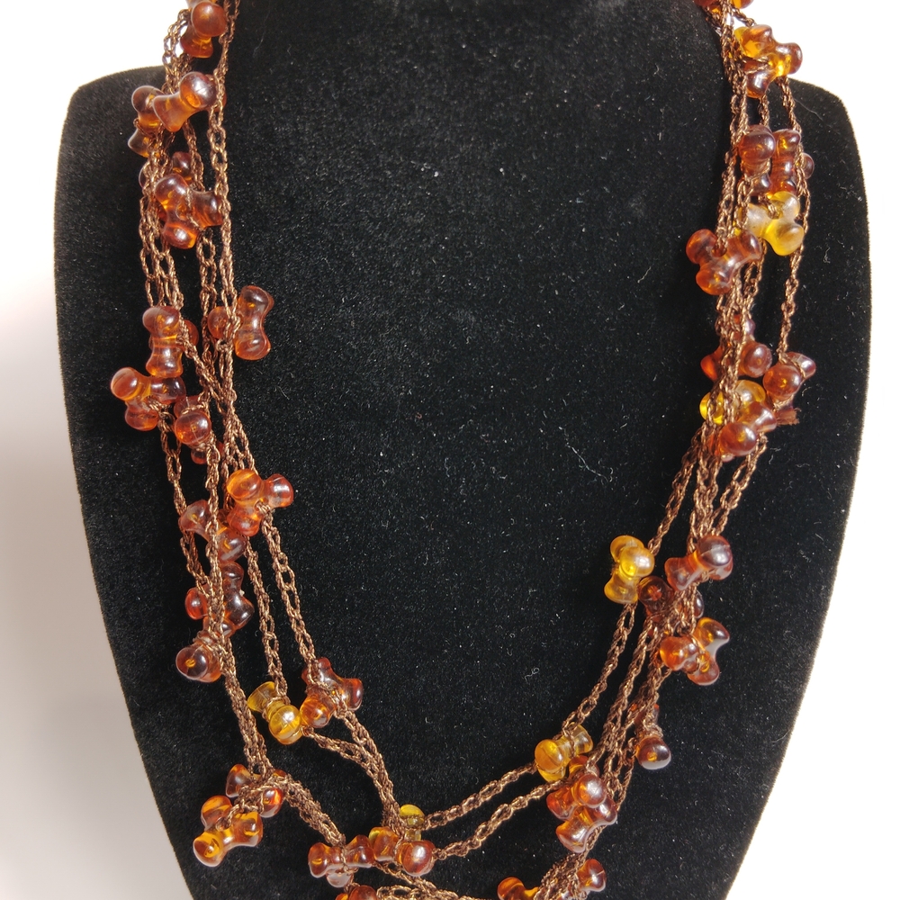 Vtg Amber Lucite Beaded 60" Braided Metallic Gold Thread Strand Mod Necklace